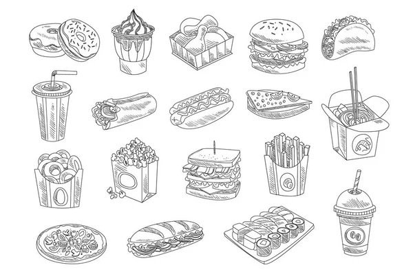 Fast food en drinks schets set. Hand getrokken vector design van fast food, straatvoedsel voor winkel of café dichtbij menu — Stockvector