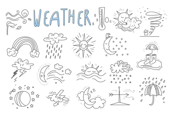 Conjunto vectorial de iconos dibujados a mano para la aplicación de pronóstico del tiempo móvil. Viento, nieve, arco iris, lluvia, tormenta, aguacero, huracán, sol, media luna, nubes. Tema meteorológico — Vector de stock