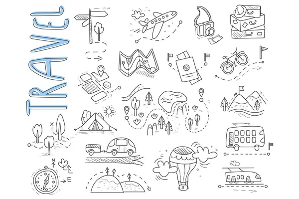 Doodle set perjalanan dan berkemah ikon. Papan penanda, balon udara, sepeda, hutan, jalan, kamera, mobil, peta, bagasi, berkemah, bukit, tenda, trolleybus, kereta api. Desain vektor - Stok Vektor