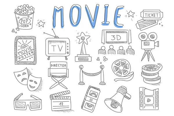 Conjunto vectorial de iconos de garabatos relacionados con el cine. Objetos de producción cinematográfica. Videocassette, silla de director, televisión retro, máscara triste y feliz, gafas 3D, palomitas de maíz — Vector de stock