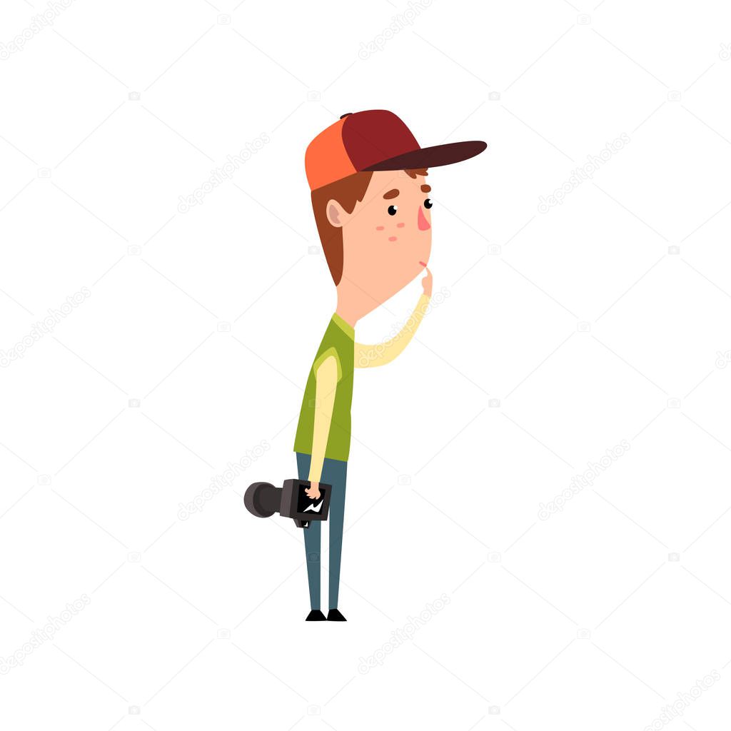 Male photographer with photo camera, paparazzi, blogger or journalist taking photo vector Illustration on a white background