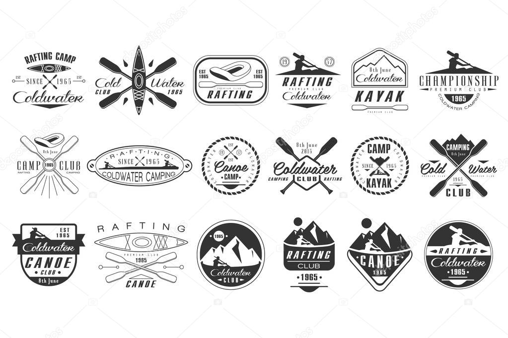 Set of original monochrome logos for coldwater club. Canoe camp emblems. Extreme water sport. Vintage rafting badges. Outdoor activity. Typography design for poster, t-shirt print. Vector illustration