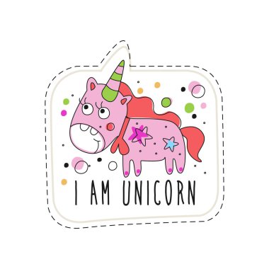 Ben tek boynuzlu at çocukça yama rozet, sevimli çizgi hayvan etiket el beyaz zemin üzerine çizilmiş vektör çizim