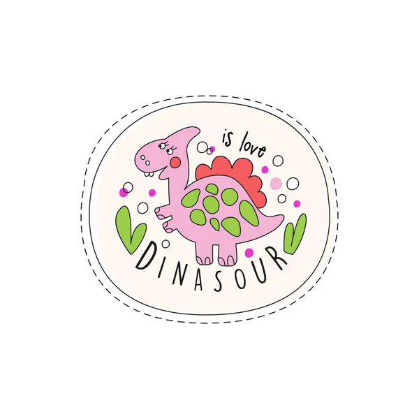 Dinoszaurusz love javítás jelvény, aranyos rajzfilm rózsaszín állati matrica kézzel rajzolt vektoros illusztráció egy fehér háttér — Stock Vector