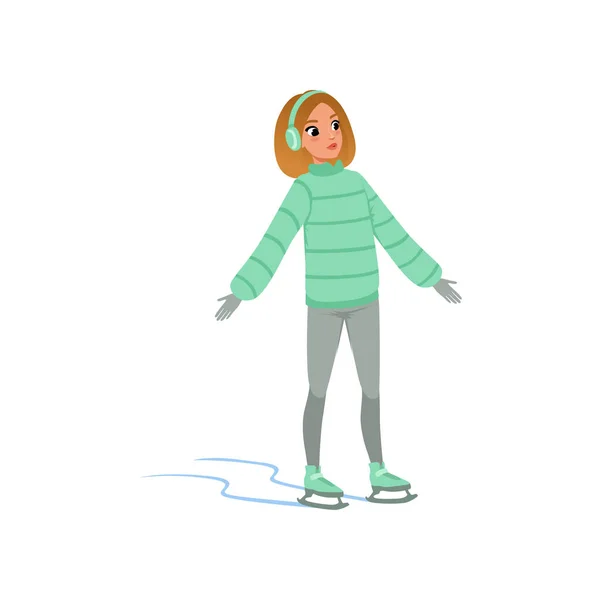Beautiful girl in warm clothes ice skating vector Illustration on a white background — Stock Vector