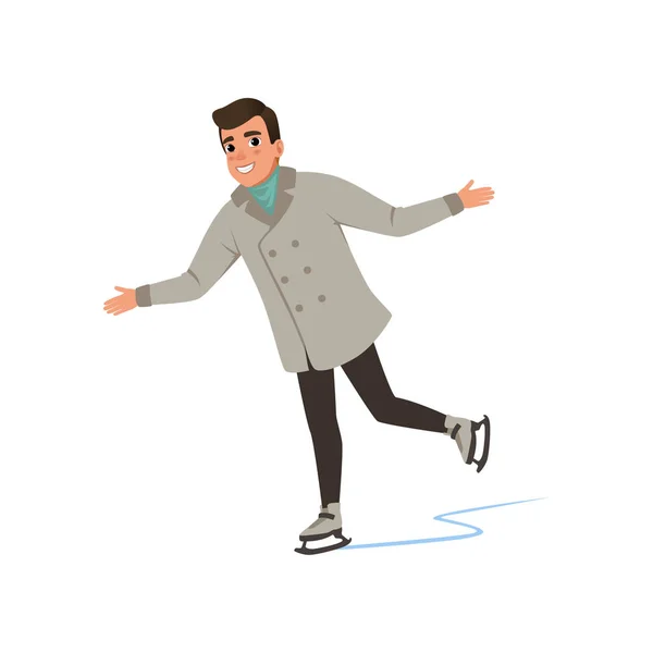 Smiling young man in warm clothes ice skating vector Illustration on a white background — Stock Vector