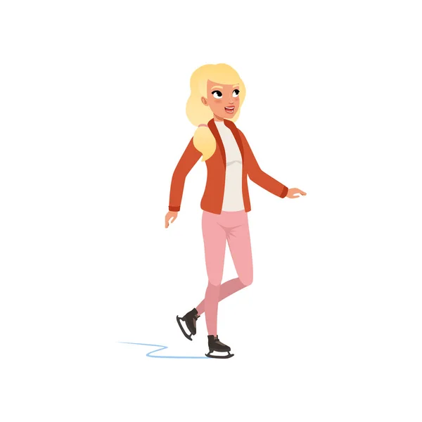 Beautiful blonde girl in warm clothes ice skating vector Illustration isolated on a white background — Stock Vector