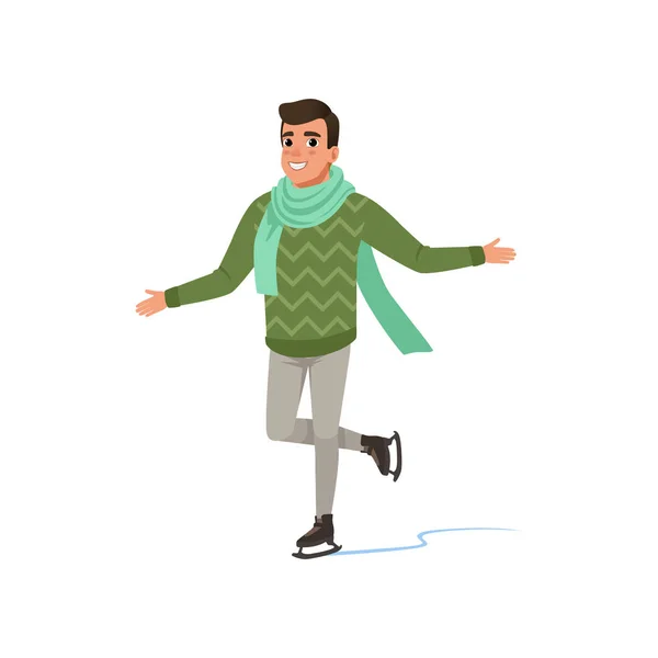 Cheerful young man in green sweater and scarf ice skating vector Illustration on a white background — Stock Vector