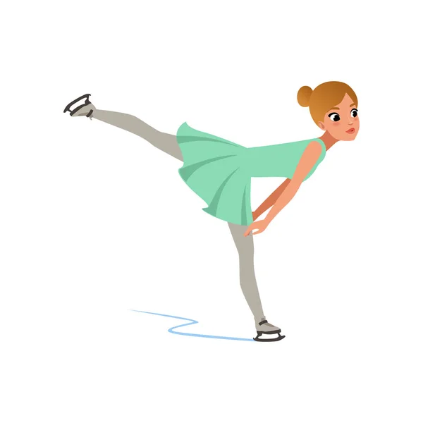 Patinadora artística en traje corto patinaje, atleta femenina practicando en pista de patinaje indoor vector Ilustración sobre fondo blanco — Vector de stock