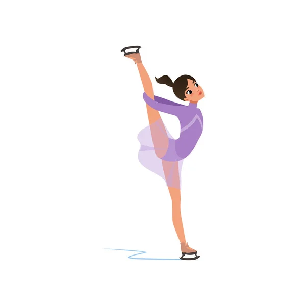 Hermosa chica patinadora artística flexible en el patinaje de vestido corto, atleta femenina practicando en el vector de pista de patinaje interior Ilustración sobre un fondo blanco — Archivo Imágenes Vectoriales