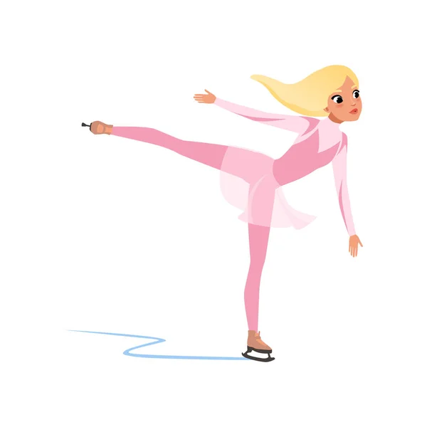 아름 다운 그림 스케이팅 소녀 핑크 짧은 드레스 실내 스케이트 링크 벡터 일러스트 레이 션에 흰색 배경에서 연습 하는 스케이팅, 여성 선수 — 스톡 벡터