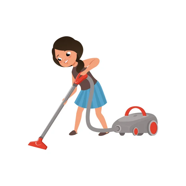 Gadis lucu membersihkan cermin membersihkan lantai dengan vacuum cleaner, pembersih rumah dan PR vector Illustration pada latar belakang putih - Stok Vektor