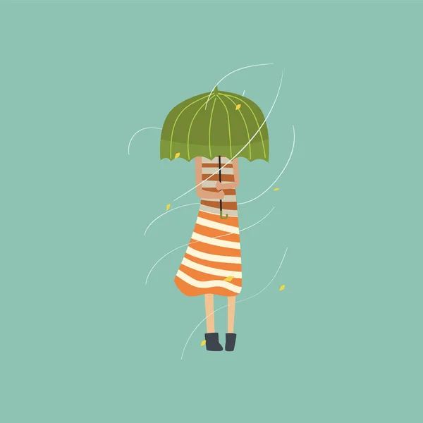 Девушка замерзает и дрожит под зеленым зонтиком в очень ветреный день на открытом воздухе векторная иллюстрация — стоковый вектор