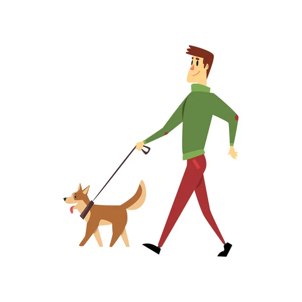 Young man walking with his dogs, cute pets with its owner vector Illustration on a white background — Stock Vector