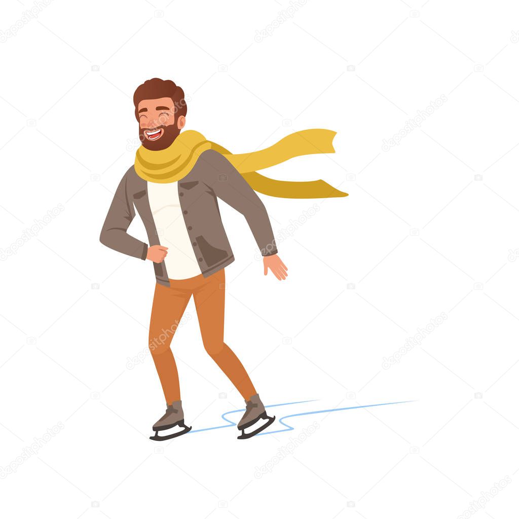 Cheerful young man in warm clothes and scarf ice skating vector Illustration on a white background