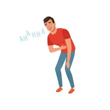 Kahkahalarla gülmekten genç adam onun mide vektör çizim beyaz bir arka planda tutan