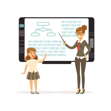 Öğretmen kadın öğretim kız ile etkileşimli bir pano, Bilişim ders okul vektör çizim, gülümseyen