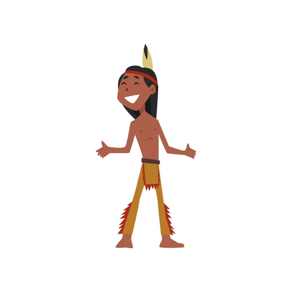 Native αμερικανική ινδική αγόρι χαρακτήρα σε παραδοσιακή φορεσιά διανυσματικά εικονογράφηση σε λευκό φόντο — Διανυσματικό Αρχείο