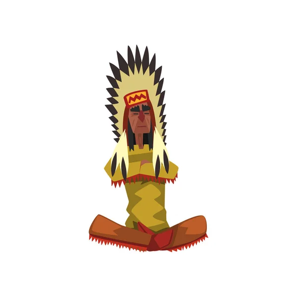 Native American Indian chief in traditional clothing sitting in lotus position vector Illustration on a white background — Stock Vector