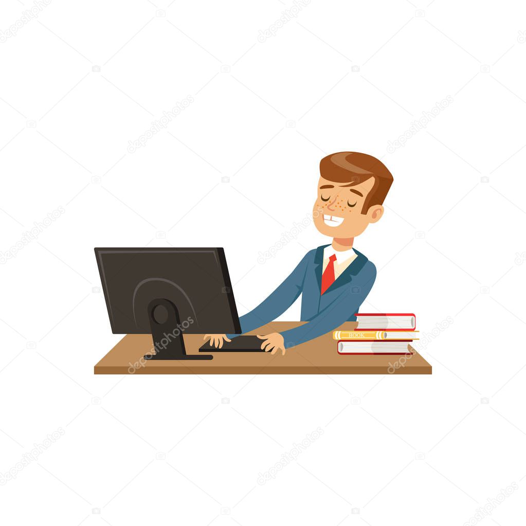 Smiling schoolboy using laptop computer vector Illustration on a white background