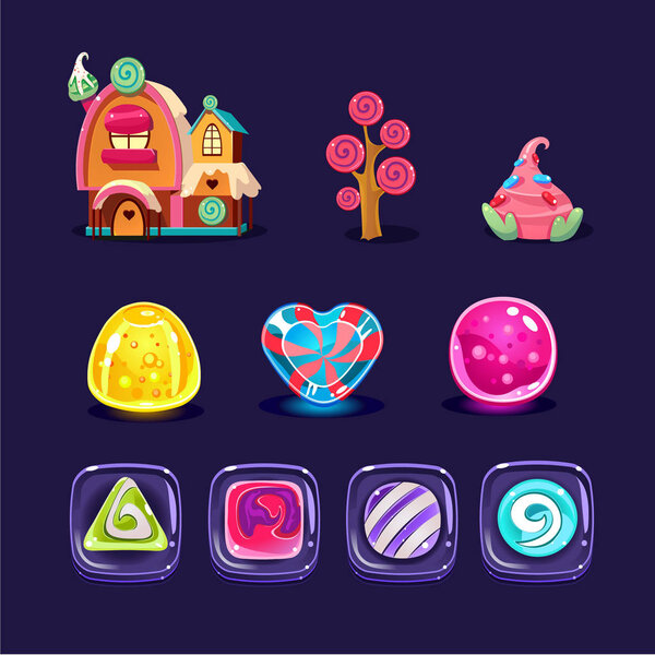Vector set of colorful mobile game assets. Glossy caramel candies of various shapes, gingerbread house, sweet tree. Cartoon elements for gaming interface