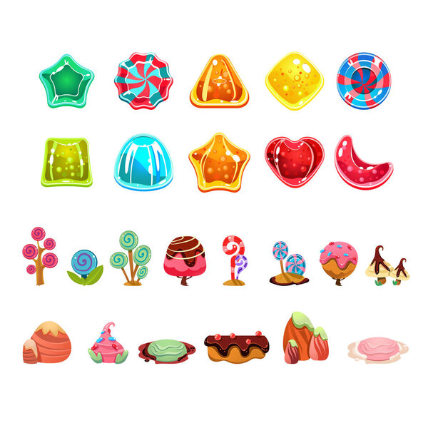 Vector set with glossy caramel candies of various shapes, sweet trees and landscape elements. Colorful items for gaming interface. Graphic design for mobile game