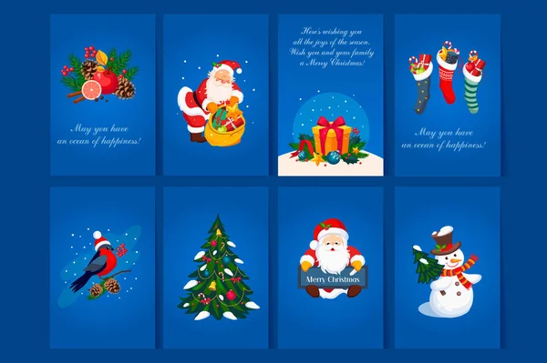 Flat vector set of 8 greeting cards with congratulations for Christmas and New Year. Blue postcards with Santa Claus, gift boxes, bullfinch, snowman, holiday tree, socks — Stock Vector