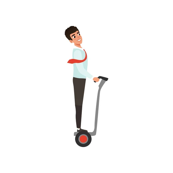 Personagem de homem de negócios dos desenhos animados montando em auto-equilíbrio scooter elétrico para trabalhar. Tecnologia de transporte moderna. Jovem sorridente em Segway. Projeto vetorial plano — Vetor de Stock