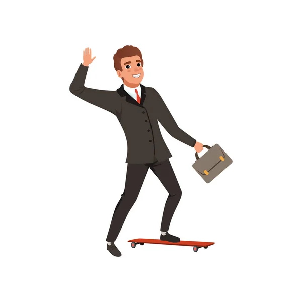 Vrolijke zakenman rijden op een skateboard en zwaaien van de hand. Cartoon jonge kerel in klassiek zwart pak met rode stropdas. Officemanager met werkmap. Platte vector design — Stockvector