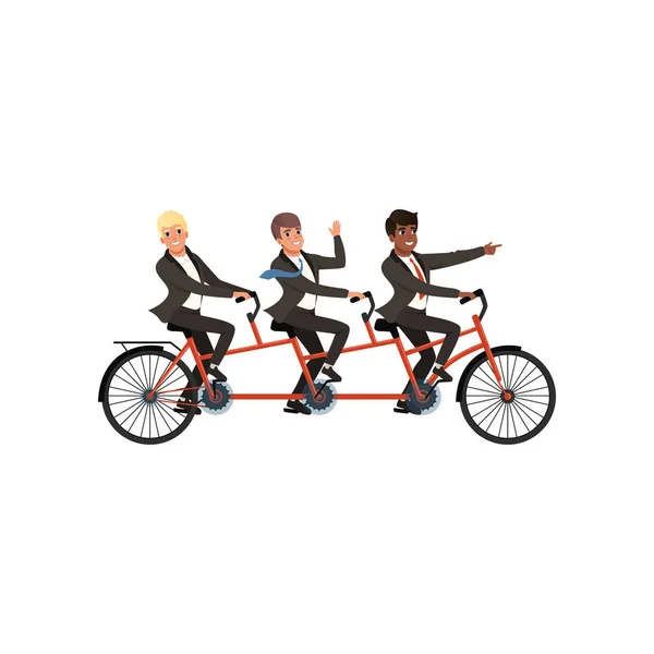 Tři veselá muži v černých oblecích klasické jezdecké tandemové kolo. Obchodní partneři, týmová práce. Kreslené postavičky lidí. Mladí podnikatelé. Konstrukce plochých vector — Stockový vektor