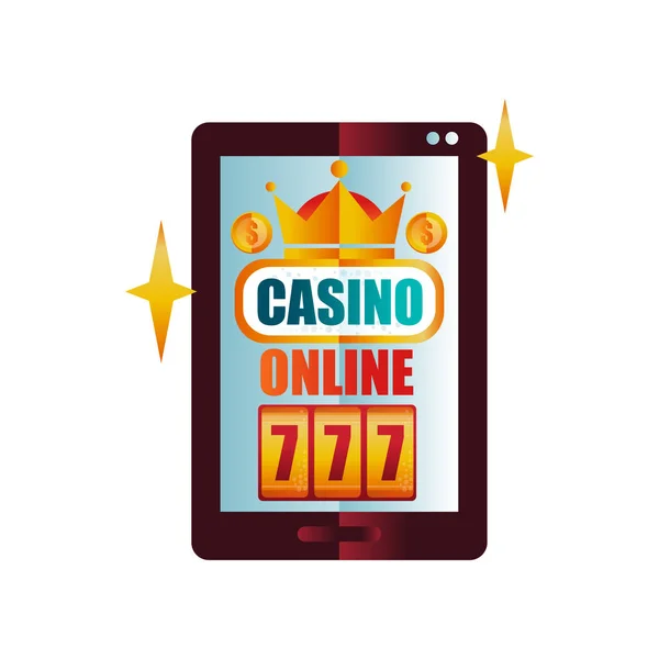 Онлайн-казино на цифровом экране планшета. Игровой автомат с счастливым символом 777. Золотая корона и монеты. Игра на деньги. Разноцветный векторный дизайн — стоковый вектор