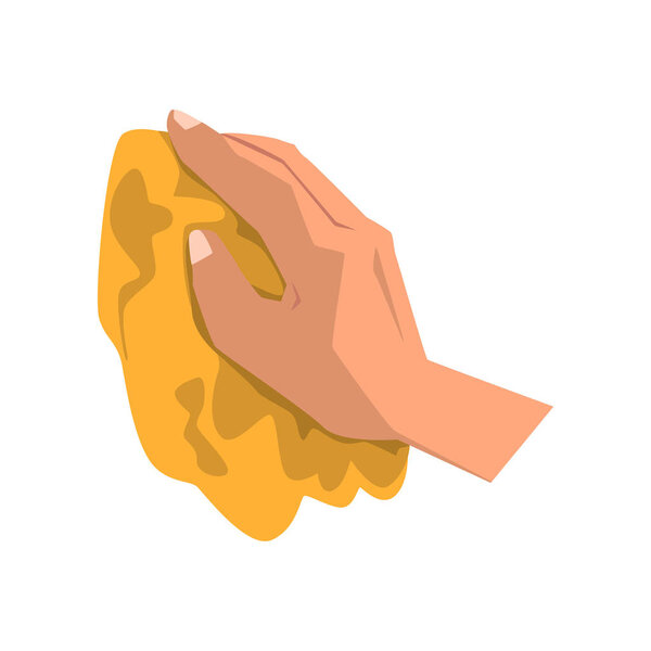 Человеческая рука чистая грязь с желтой тряпкой. Тема домашнего хозяйства. Элемент рекламного плаката или баннера услуги уборки. Плоский векторный дизайн
