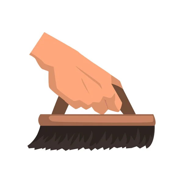 Cleaning house concept element with hand holding brush with wooden handle. Domestic tool for housekeeping. Flat vector icon — Stock Vector