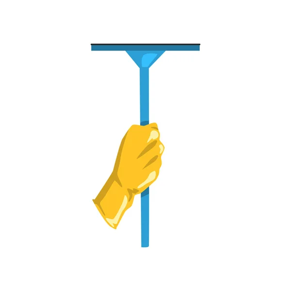 Ícone de mão humana em luva protetora segurando esfregona para limpar janelas. Ferramenta doméstica com alça azul. Tema doméstico. Projeto vetorial plano — Vetor de Stock