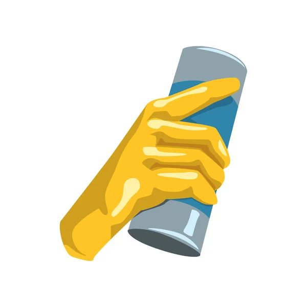 Kleurrijke icoon van menselijke hand in beschermende handschoen flesje met poeder voor keuken of badkamer schoonmaak te houden. Huishoudelijke thema. Platte vector design — Stockvector