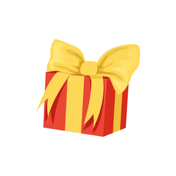 Red gift box with big yellow bow. Happy Birthday theme. Present for holiday. Element for greeting card or banner. Flat vector icon — Stock Vector