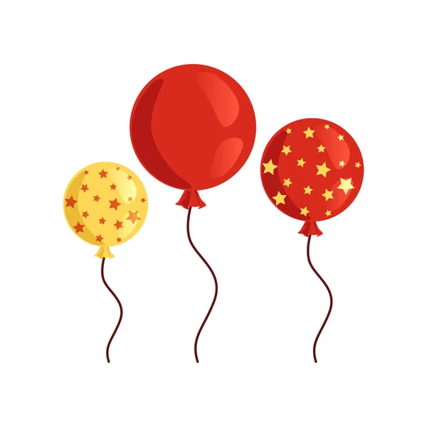 Ikon két piros és egy sárga fényes léggömbök, születésnapi partiján. Dekoratív elemek meghívó és üdvözlőlap. Színes lapos vector design — Stock Vector