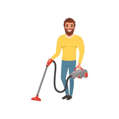 Adam elektrikli süpürge ile gülümseyen karakter karikatür. Ev kocası temizlik kat. Genç adam gri sarı kazak ve kot sakallı. Düz vektör tasarımı