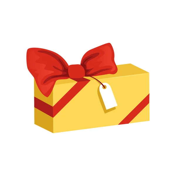 Cartoon icon of yellow rectangular gift box with big red bow and tag. Present for holiday. Happy Birthday theme. Flat vector element for party invitation or postcard — Stock Vector