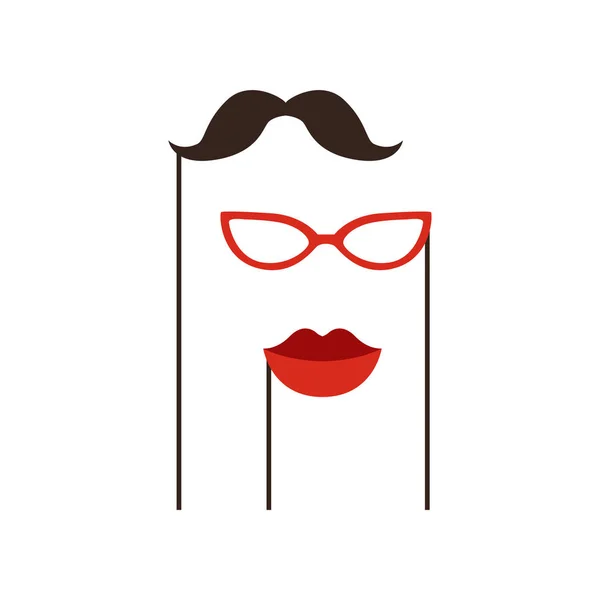 Bigote negro, gafas rojas y labios en palos. Accesorios festivos para fiesta de cumpleaños y carnaval. Diseño moderno vector plano. Elementos decorativos gráficos — Vector de stock