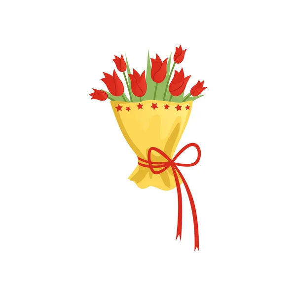 Bouquet of tulips in yellow wrap with red ribbon. Beautiful spring flowers. Colorful graphic element for greeting card. Flat vector icon — Stock Vector