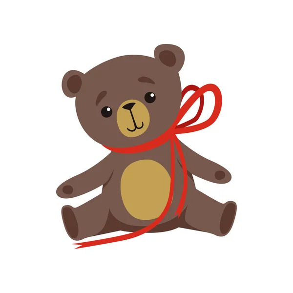 Brown teddy bear with shiny eyes and red ribbon on neck. Cute plush toy. Present for Birthday. Decorative element for postcard or invitation. Flat vector design — Stock Vector