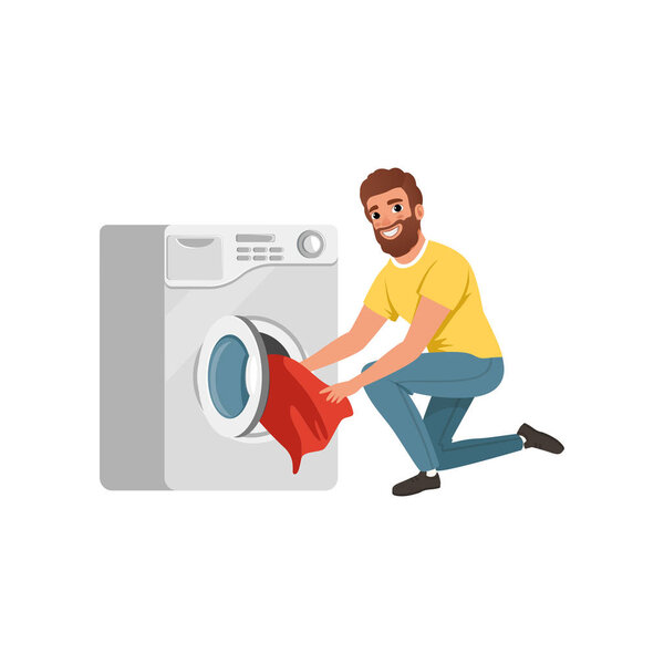 Cheerful bearded man putting dirty clothes into washing machine. Cartoon character of house husband. Young guy doing his housework. Flat vector design