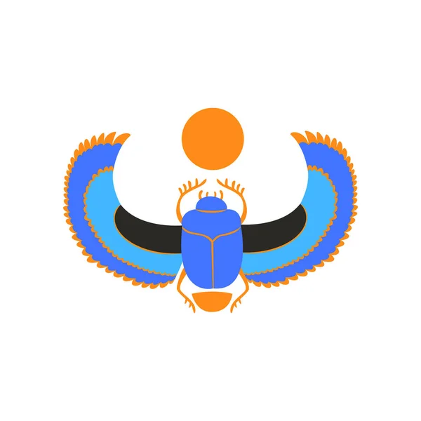 Scarab beetle with blue wings and orange sun. Symbol of ancient Egyptian culture and mythology. Vector icon of sacred insect in flat style — Stock Vector
