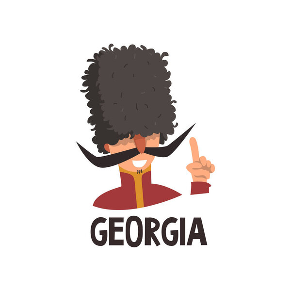 Funny portrait of Caucasian man in papakha. Cartoon cheerful Georgian male with mustache in traditional headdress. Flat vector icon