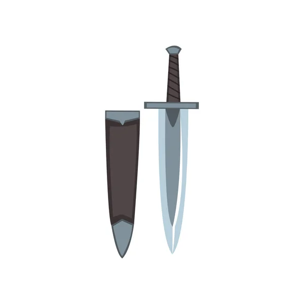 Symbol eines georgischen Dolchs mit Etui. Stichwaffe. kurzes Schwert. Stahlmesser mit schwarzem Griff und glänzend scharfer Klinge. flache Vektorkonstruktion — Stockvektor