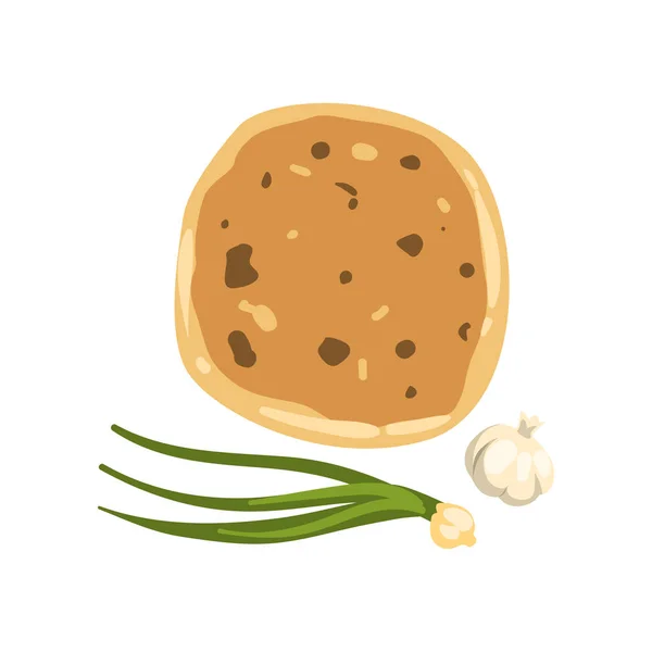 Dibujos animados ilustración de khachapuri, cebolla verde y ajo. Plato georgiano tradicional de pan relleno de queso. Cocina nacional de Georgia. Icono de vector plano — Vector de stock