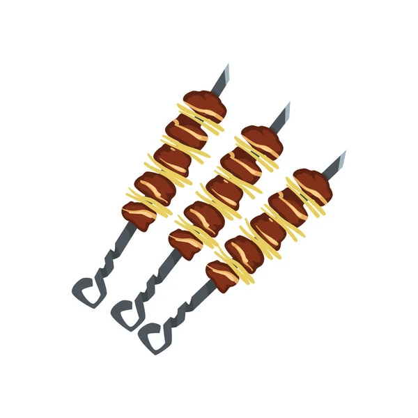 Tasty grilled pork kebabs on metal skewers. Meat dish of Middle Eastern cuisine. Barbecue theme. Traditional Georgian food. Cartoon style icon. Flat vector design — Stock Vector