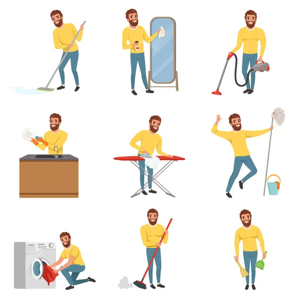 Γενειοφόρος άνδρας με διαφορετικές δουλειές. Καθαρίζοντας το πάτωμα με σφουγγαρίστρα και ηλεκτρική σκούπα, πλυντήριο πιάτων, σιδερωτήριο ρούχων. Σύζυγος ευτυχισμένο σπίτι. Επίπεδη φορέα που — Διανυσματικό Αρχείο