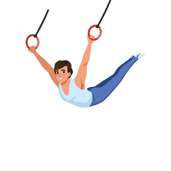 Young guy training on rings apparatus. Artistic gymnastics. Individual Olympic sport. Cartoon sportsman in gymnast costume. Flat vector design — Stock Vector